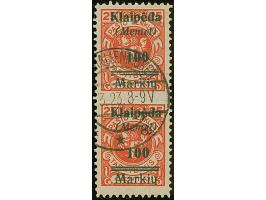 1923, Strichausgabe 100 Markiu auf 25 Centai, senkrechtes Paar, mittig ungezähnt, sauber gestempelt “(SCHM)ALLENINGKEN 3.23”,