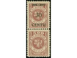 1923, Neue Währungsbezeichnung 30 Centu auf 500 Mark, senkrechtes Paar, Felder 48 und 58, die obere in Aufdrucktype AIV, die 