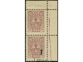 1923, Angliederung des Memellandes 1 Litas auf 1000 Mark, senkrechtes Paar aus der rechten oberen Bogenecke, mit stark versch