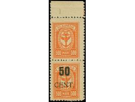 1923, Angliederung des Memellandes 50 Centu auf 5000 Mark, senkrechtes Oberrandpaar, mit stark verschobenem Aufdruck, dadurch