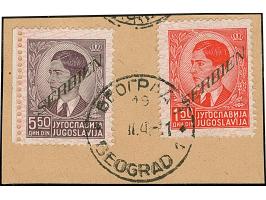 1941, König Peter mit Aufdruck von links unten nach rechts oben 0,25-0,50 Dinar sowie 1,50-30 Dinar, je farbfrisch und normal