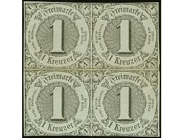 1 Kr. auf olivgrau im 4er-Block, unten links winzig berührt, sonst voll- bis breitrandig und farbfrisch, ungebraucht mit Orig