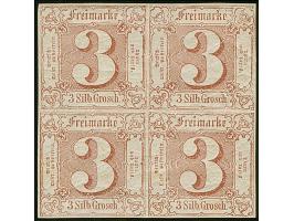 3 Sgr. braunrot im Viererblock, farbfrisch und allseits breitrandig, ungebraucht mit frischem Originalgummi, 2 Werte postfris