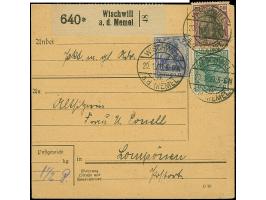 1920, Germania 5 Pfennig opalgrün, 20 Pfennig ultramarin und 50 Pfennig graulila/schwarz auf mittelchromgelb, je farbfrisch, 