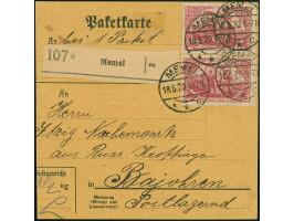 1920, 2,50 Mark rotlila, farbfrisch und meist gut gezähnt, sauber mit Stempel “MEMEL 18.5.20” auf Paketkarte nach Bajohren, g