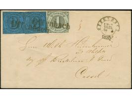 1 Kr. auf olivgrau und 2 Einzelwerte 3 Kr. auf dunkelblau, guter Taxis-Schnitt, mit zweimal sauber aufgesetztem L1 "Offenbach