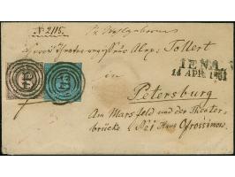 6 Kr. auf lebhaftgraurot und Farbänderung 3 Kr. auf hellgrautürkis, mit jeweils sauber aufgesetzter Nr. "115" und nebengesetz