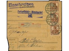 1920, Germania 25 Pfennig braunorange, senkrechter Dreierstreifen (ein Wert leicht über den Rand geklebt), sauber mit Stempel