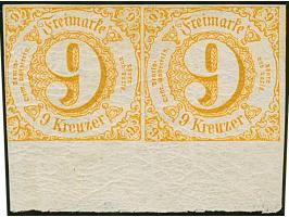 9 Kr. gelb im waagerechten Paar, Type II, farbfrisch, unten links gering berührt, sonst voll- bis überrandig, rechts mit klei