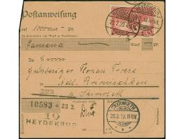 1920, Deutsches Reich Reichspostamt 1 Mark, sauber mit Stempel “HEYDEKRUG 23.2.20” auf Postanweisung nach Brionischken mit An