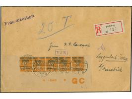 1920, 30 pfennig auf 30 Centimes orange auf GC-Papier, waagerechter 5er-Streifen aus der linken unteren Bogenecke mit Druckda