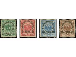 "Deutsch Ostafrika", Bogenförmiger schwarzer Probeaufdruck auf 3 P. – 25 P., ungummiert. 2 Werte je ein kurzer Zahn.&nbsp;