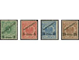 "Deutsch-Ostafrika", einzeiliger kleiner Probeaufdruck auf 3 P. – 25 P. (auf 10 P. in blau), ungummiert, die beiden kleinen W