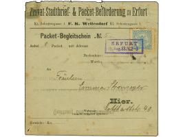 Erfurt-Privat-Stadtbrief-Beförderung: 1888, Wappenzeichnung 15 Pfg. hellblau mit violettem Stempel “ERFURT 15.Aug.88” auf Pak