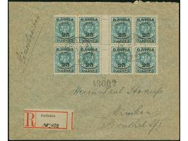 1923, Sichelaufdruck 25 Markes auf 5 Centai, 8er-Block mit zwei Zwischenstegpaaren, farbfrisch und ausgabetypisch gezähnt, sa