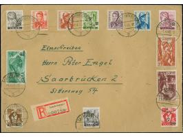 1948, Wiederaufbau des Saarlandes 10 C. – 50 Fr. kpl. auf zwei überfrankierten R-Ortbrief-FDC von „SAARBRÜCKEN 1.4.48“ je mit