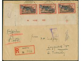 1921, 60 Pfennig auf 40 Centimes, waagerechter Dreierstreifen aus der linken unteren Bogenecke mit Druckdatum “R 102 32” sowi