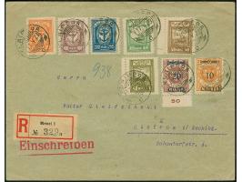 1923, Hafenjubiläums-Ausgabe 40-80, 200 und 400-500 M. mit Zufrankatur mit Stempel "KLAIPEDA 17.V.23" auf R-Brief nach Güstro