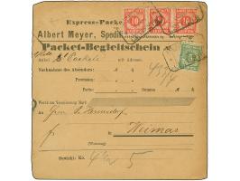 Leipzig-Leipziger Paketfahrt Albert Meyer: 1886, 5 Pfg. grün und 10 Pfg. rot im waagerechten Dreierstreifen mit Stempel “EING