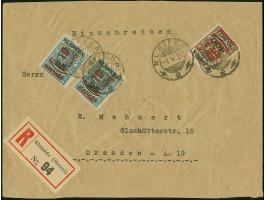 1923, 10 Centu auf 25 Mark auf 10 Centu grünlichblau, zwei Einzelmarken sowie 30 Centu auf 400 Mark auf 1 Litas, 1 Wert zu 10