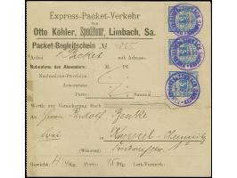 Limbach-Express-Packet-Verkehr: 1891, 5 Pfg. ultramarin im waagerechten Dreierstreifen mit violettem Stempel “UEBERGABE In LI