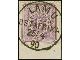 5 Pfennig violettpurpur mit zentrischem Stempel "LAMU 25/4 90" auf Briefstück