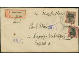 "LAUGSZARGEN * (Kr. TILSIT )* 27.9.20", zweimal typische Abschläge auf Germania 40 und 50 Pfennig auf R-Brief nach Leipzig, d