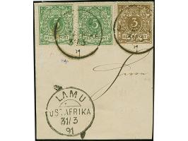 Krone/Adler 3 Pfg. und 2 Stück 5 Pfg. mit Letzttagsstempel "LAMU 6/1 91" auf Briefstück. 3Pfg. mit waagerechtem Bug aufgekleb