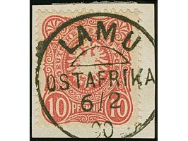 10 Pfennig dunkelrosarot mit zentrischem Stempel "LAMU 6/2 90" auf Briefstück.&nbsp;