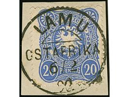 20 Pfennig ultramarin mit zentrischem Stempel "LAMU 6/2 90" auf Briefstück.&nbsp;