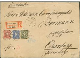 50 Pfg. oliv, 10 Pfg. dunkelrosarot und 20 Pfg. dunkelultramarin, alle farbfrisch und einzeln entwertet "LAMU 9/12 90" auf Le