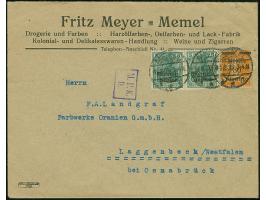 1920, Germania 5 Pfennig schwärzlichbläulichgrün, waagerechtes Paar, mit Zufrankatur mit Stempel “MEMEL 6.8.20” auf portogere