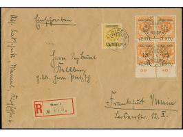 1923, 15 Centu auf 25 Mark, Unterrand-Viererblock von den Druckfeldern 83-84 und 93-94, Feld 94 mit Aufdruckfehler “Aufdruck 