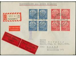 1960, Lumogen 5-40 Pfg., kpl. je als 4er-Block auf vier Eilboten-R-Briefen, sauber gestempelt “DARMSTADT 2 3.3.61” nach Essen