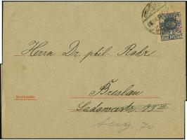 Courier: 1897, 10 Pfg. dunkelviolettblau mit rotem Strich als 1 Pfg.-Marke mit Stempel “COURIER BRESLAU 16…97” auf Drucksache