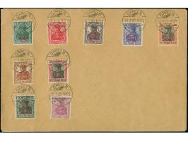 Handstempel in rot: Germania 5-40 Pfennig sowie 60 und 75 Pfennig, jeder Wert einzeln sauber gestempelt “OPPELN 18.2.20” auf 