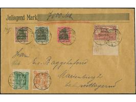 1920, Germania 50 Pfennig auf mittelchromgelb, Feld 19, mit Zufrankatur, je farbfrisch und meist gut gezähnt, sauber mit Stem