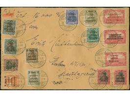 1920, Versuchsaufdrucke: 1 Mark karmin mit Mediävalaufdruck in rot, zusammen mit u.a. Germania 50 Pfennig, rotem Probeaufdruc