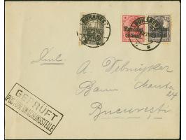 1918, 5 Bani mit schwarzem Aufdruck, mit Zufrankatur Germania 10 Pfennig rot und 15 Pfennig violett, sauber mit Stempel “BUKA