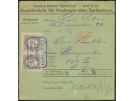 Hamburg-Altoner Packetfahrt: 1896, 15 Pfg. graulila im senkrechten Paar mit violettem Rahmstempel “Packetfahrt Crell &amp; Co