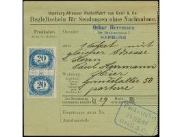 Hamburg-Altoner Packetfahrt: 1896, 20 Pfg. blau im senkrechten Paar mit violettem Rahmstempel “Packetfahrt Crell &amp; Co. 29