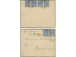 Mercur: 1889, 2½ Pfg. blau, zwei Einzelmarken vorderseitig und im waagerechten Viererstreifen rückseitig je mit Stempel “MERC