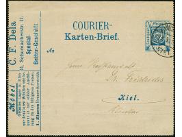 Courier: 1899, Ganzsachen-Anzeigenkartenbrief 4 Pfg. mit rückseitig 10 Anzeigen, gebraucht mit Stempel “COURIER KIEL 20.6.99”