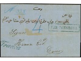 1865, folded registered entire from Mansura to Cairo, large boxed ´per consegna´ mark and blue ´Franca´ alongside, '4' piastr