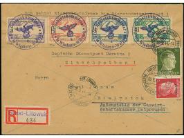 1944, Wladimir-Wolynsk 6-60 Pfennig mit Dienstsiegelentwertung zusammen mit Ostland Hitler 12 und 30 Pfennig mit Stempel “BRE