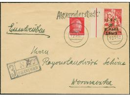 1942, Hakenkreuz 4mm: 3 Rubel auf 50 Kopeken lilarot, linkes Seitenrandstück, zusamnmen mit Zufranktur Hitler 12 Pfennig mit 