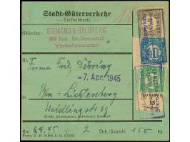 Stadt-Güter-Verkehr Berlin: 1944, 2 M. graugrün, 40 Pfg. hellblau und 30 Pfg. grün sowie Versicherungsmarke 15 Pfg. mit viole