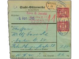Stadt-Güter-Verkehr Berlin: 1944, 80 Pfg. rotlila, zwei Einzelmarken und Versicherungsmarke 15 Pfg. mit violettem Ovalstempel