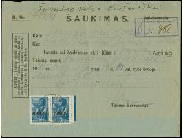 1941, 30 Kopeken, waagerechtes Seitenrandpaar, sauber mit Stempel “VILNIUS 25.8.41” auf eingeschriebener Vorladungskarte für 