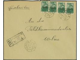 1941, Vilnius 15 Kopeken, waagerechtes Paar und zwei Einzelwerte, sauber mit Stempel “VILNIUS 29.7.41” auf Orts-R-Brief an di